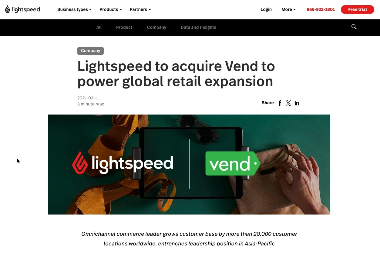 Lightspeed press release headlined 'Lightspeed to acquire Vend to power global retail expansion'